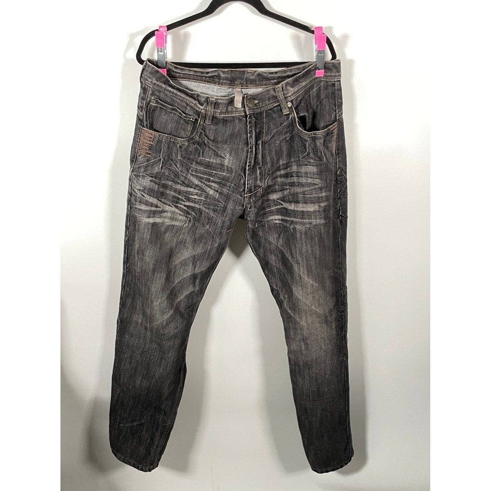 Jordan Craig Men Black Wash Distressed Embroidered Moto Jeans 36x32